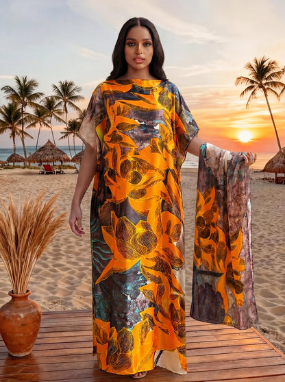 Fashion Summer Print Dress With Big Scarf Dubai Turkey Kaftan Muslim Loose Abaya Women African Casual Paisley Shawl Robe MOOMOO