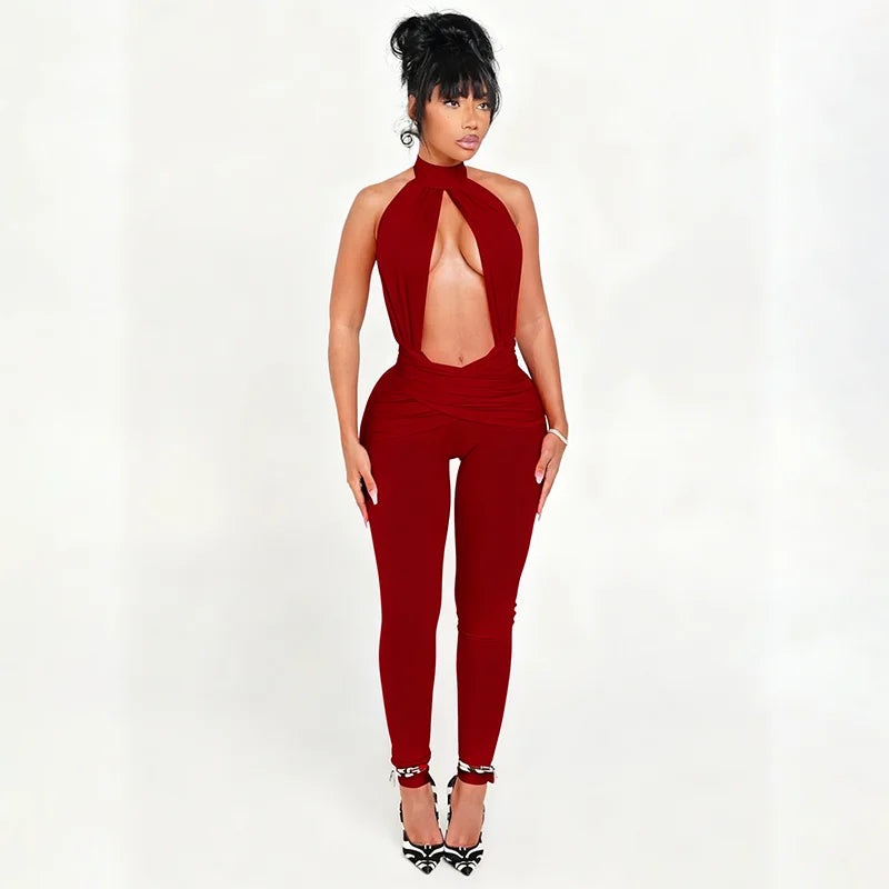 Halter Backless Jumpsuit Woman Sexy Hollow Fit Patchwork Waist Ruched Midnight Activity Workout Streetwear Overalls