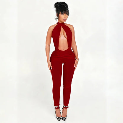 Halter Backless Jumpsuit Woman Sexy Hollow Fit Patchwork Waist Ruched Midnight Activity Workout Streetwear Overalls