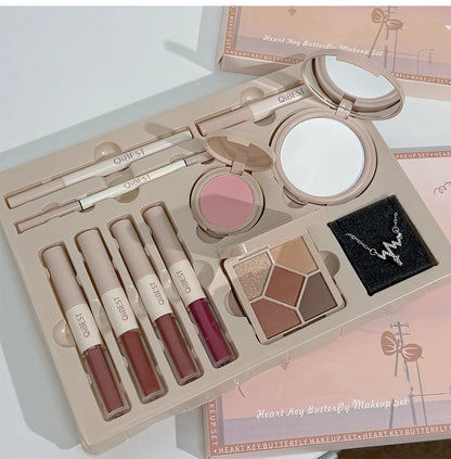 Makeup Gift Box Butterfly Bow Heart Limited Lipstick Powder Blush Eyeshadow Makeup Gift Box Set and Necklace Gifts for Women