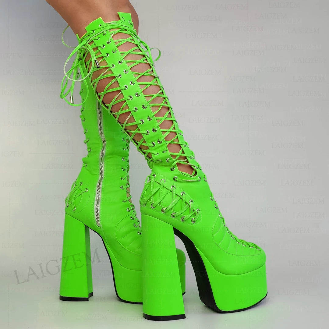 LAIGZEM Women Knee High Sandals Side Zip Up Pumps Shoes Lace Platform Cosplay Party Show Ladies Girls Shoes Woman Big Size 43 47