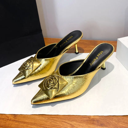 Women High Heels Slippers Summer New Luxury Fashion Gold Flower Decoration Modren Sandals Ladies Pointed Toe Mules Shoes Slides