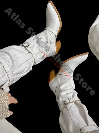 White Slouchy Cowboy Boots Pointed Toe Multi Buckle Strap Western Boots Vintage Stacked Block Heel Large Calf Fashion Party Boot