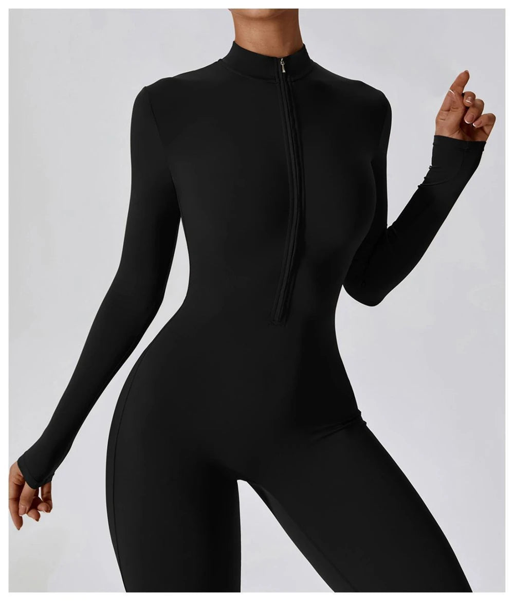 Womens Jumpsuits Long Sleeve Yoga Slim Fit Stretch One Piece Romper Sexy Fitness Female Basic Sportwears Tight Zipper Ladies