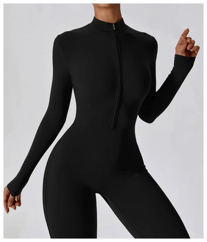 Womens Jumpsuits Long Sleeve Yoga Slim Fit Stretch One Piece Romper Sexy Fitness Female Basic Sportwears Tight Zipper Ladies