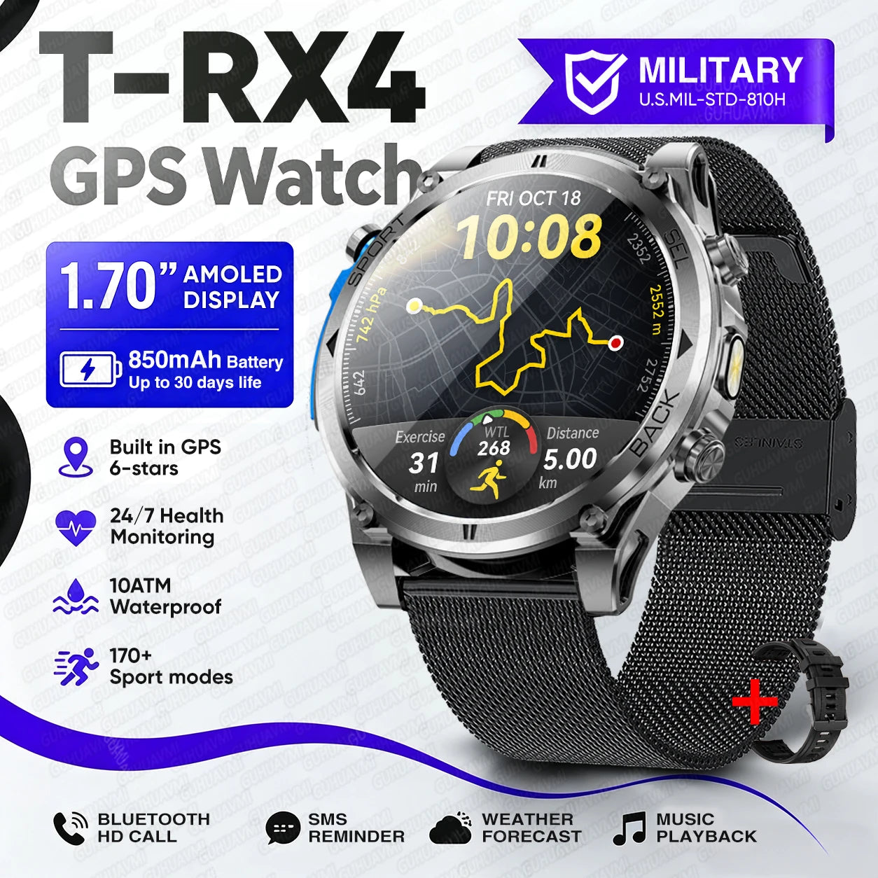 2026 New Military T-RX4 Ultra GPS Smart Watch Men 10ATM Waterproof Compass Flashlight Bluetooth Call Sports tracker Smartwatch