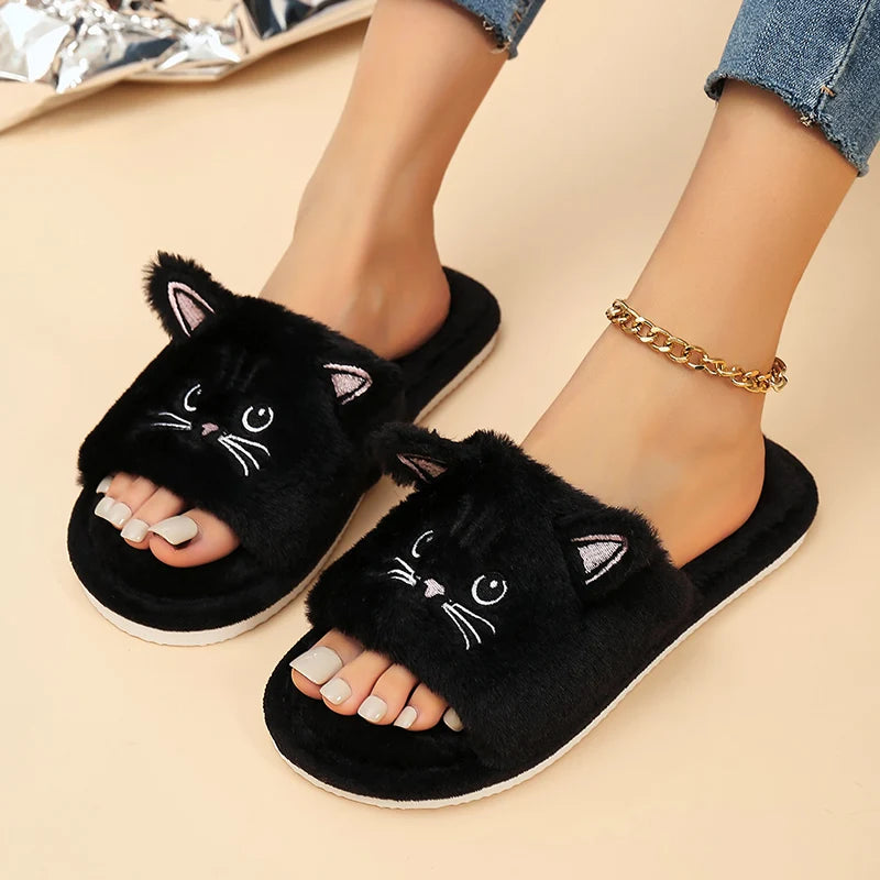 Casual Fluffy Slippers Women Home Flat Cat Cartoon Luxury Designer Shoes Girls Autumn Elegant Indoor Fashion Footwear Large Size