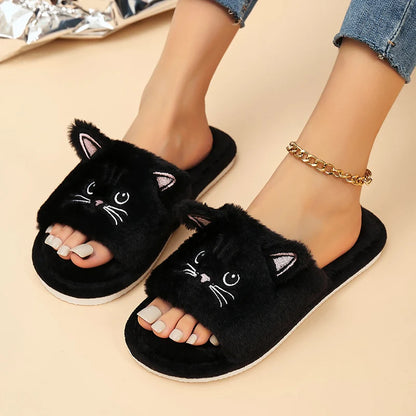 Casual Fluffy Slippers Women Home Flat Cat Cartoon Luxury Designer Shoes Girls Autumn Elegant Indoor Fashion Footwear Large Size
