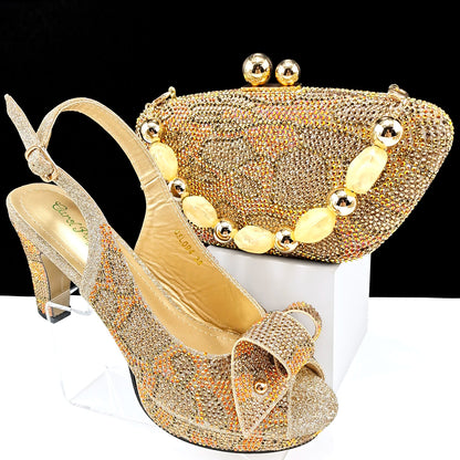 Nigeria Design Open Toe High Heels & Bag Set Gold Color Blocking Hot Rhinestones Fashion Sexy High Heels