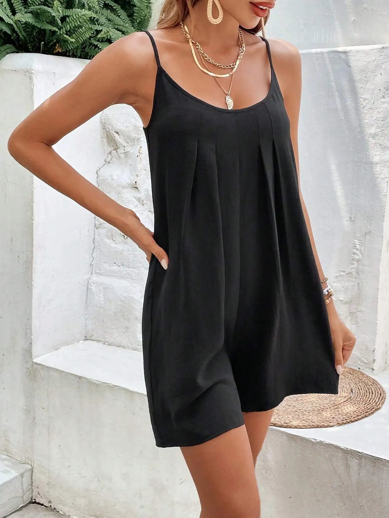 Women Casual Summer Overalls Sleeveless Spaghetti Strap Romper Jumpers Trendy Beach Vacation Outfits