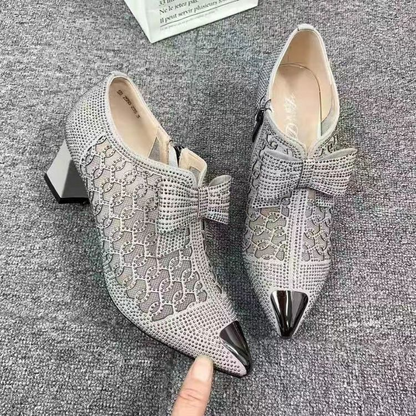Women's Pointed Toe Sandals Luxury Breathable Mesh Bowknot Rhinestone Clear Elegant Mid-Heeled Simple Pump Shoes Mesh Sandals