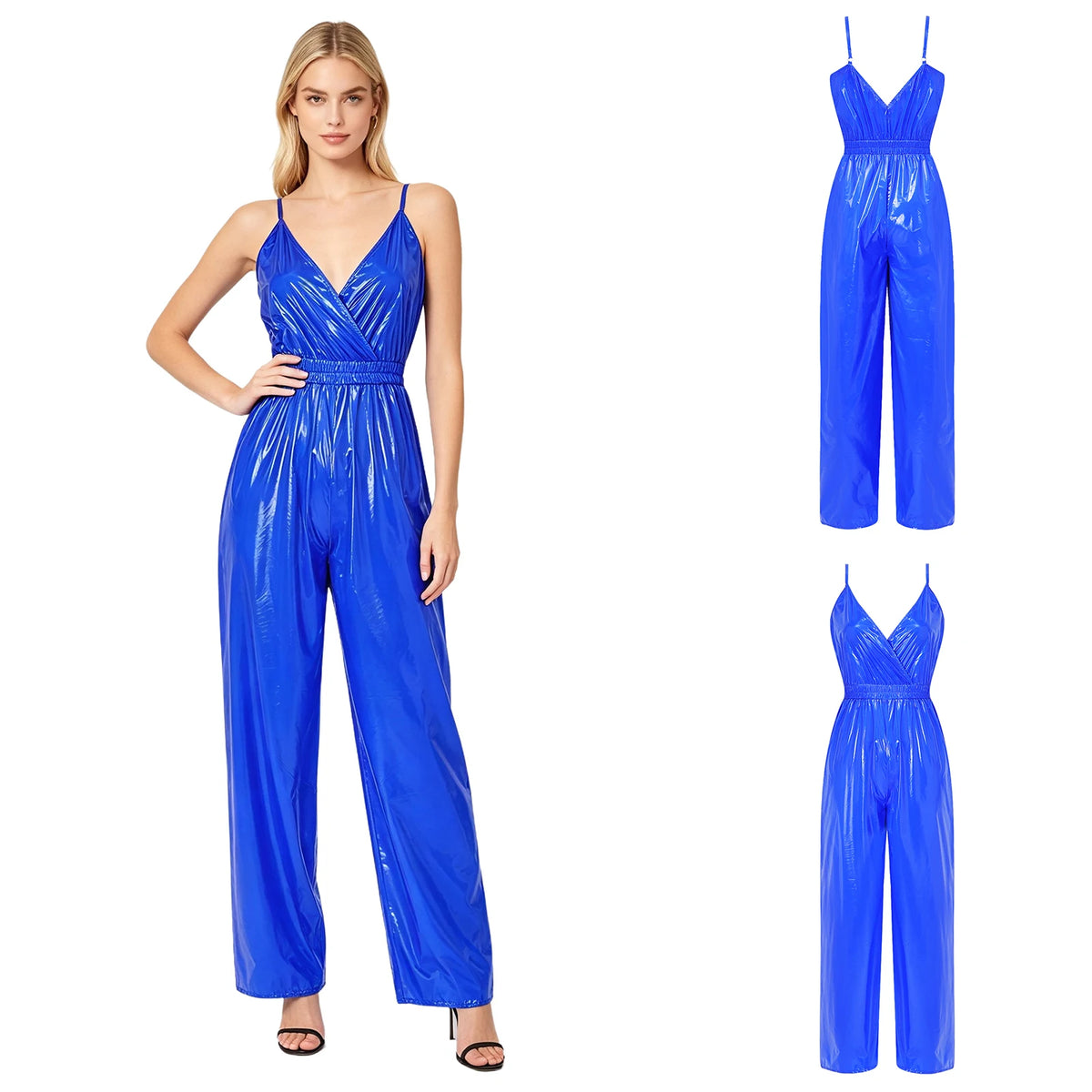 Womens Glossy Waterproof Jumpsuit Wrap V Neck Backless Elastic Waist Straight Wide Leg Pants Leotard Rompers for Clubwear Party