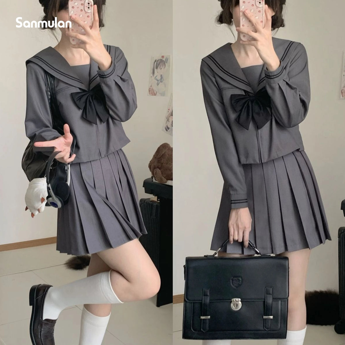 Basic Grey Sailor Suit Set, School Uniform, Preppy Style, Short-sleeved, Long-sleeved, and Short-skirted.