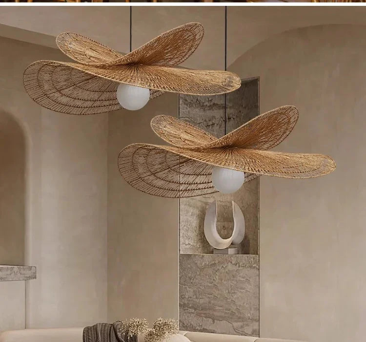 Wabi-Sabi Style Pendant Lights For Bedroom Living Room  Rattan Hand-Woven Lamp Restaurant Home Decor Chandeliers G80 Bulb