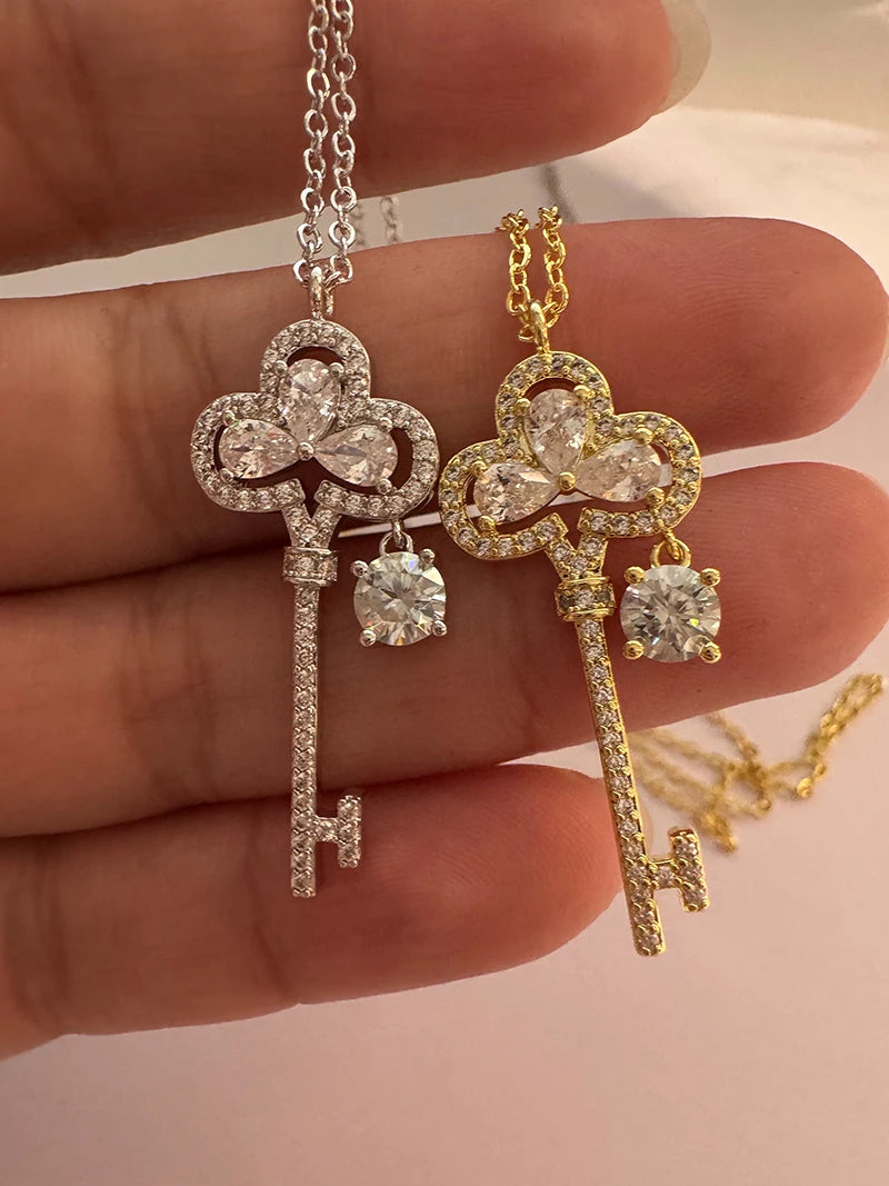 OXTAO Brilliant Moissanite Big Key Pendant for Women D VVS1 Clavicle Chain Flower Necklace Anniversary Jewelry 14K Gold Filled