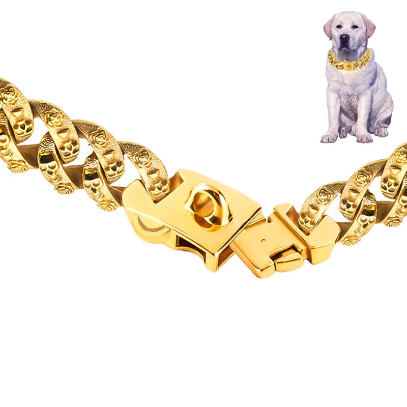 32mm  Gold Dog Collar Stainless Steel Metal Pet Choker Lead for Medium Large Dogs Pet Accessories Labrador Rottweiler