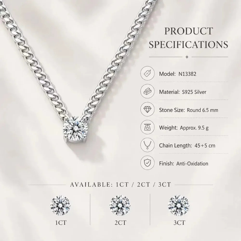 S925 Silver Round Moissanite Necklace 40+5cm Cuban Chain Pendant With Selected GRA Option Anniversary Gift Jewelry