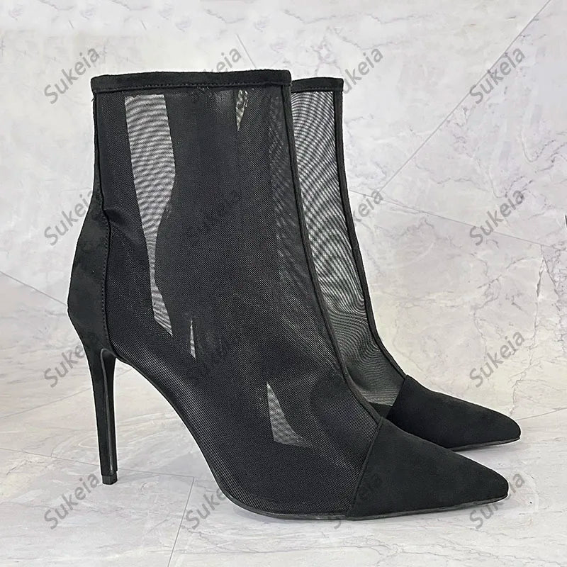 Sukeia Handmade Women Summer Ankle Boots Pointed Toe Sexy Stiletto Heels Pretty Black Casual Shoes Ladies US Plus Size 5-15