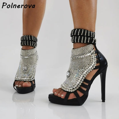 Pearl Ankle Band Sandals Peep Toe Ankle Band Hollow Narrow Band Shoes Women Back Zipper Summer Elegant Luxury Party Sexy Shoes