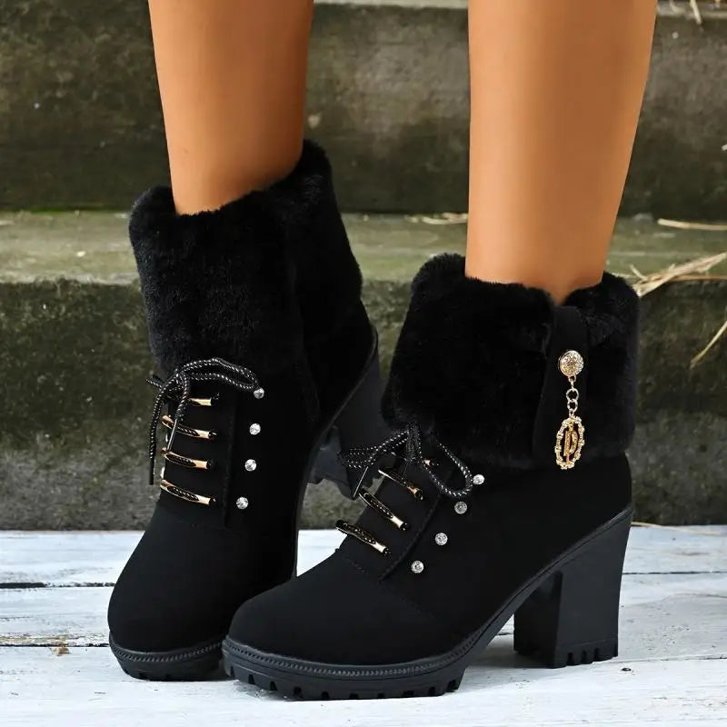 Elegant Fluffy Fur Thick High Heel Suede Ankle Boots Women Winter 2026 Designer Warm Plush Black Short Boots Woman Furry Booties