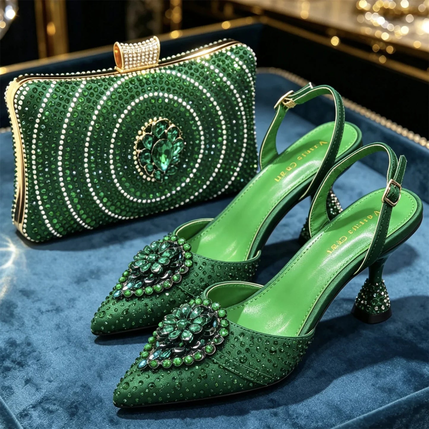 Elegant Women's Green Crystal Rhinestone Party Wedding Shoes & Evening Clutch Bag Set Pointed Toe Slingback Heels Sparkly Purse