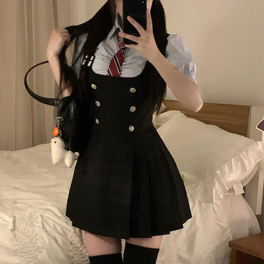 JK High-waisted Slimming Waistband Spicy Girl Long-sleeved Shirt Black Suspenders Dress School Uniform Set for Women Summer