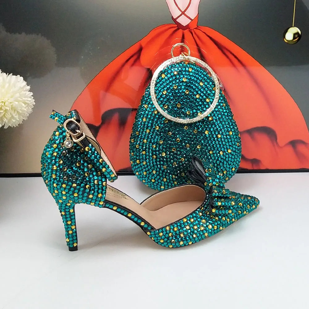 BaoYaFang 2024 New Arrival Teal Blue Strawberry Bridal Wedding Shoes and Bag Female Ladies Party Shoes Ankle Strap High Pumps