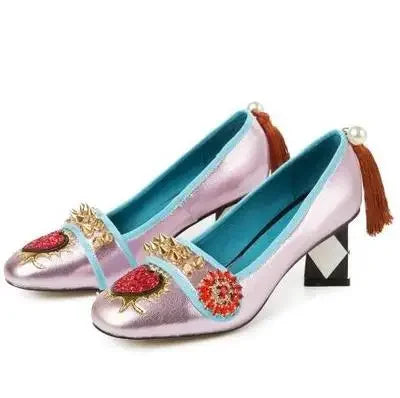 royal red heart crystal rivets Studs Pumps back pearl with tassel rhombus Square Heel Women Slip On mary jane Shoes