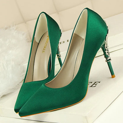 Women Luxury Metallic Decoration Heel Wedding Shoes Lady Trendy 10cm High Heels Pointed Toe Shoes Female Premium Gray Shoes