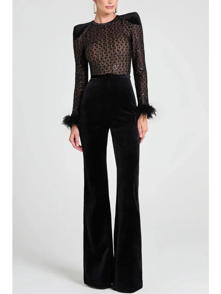 New Women's Fashion Long Sleeve Round Neck Gold Velvet Patchwork Sexy Jumpsuit Ladies Solid Color Slim Fit Jumpsuit For Women
