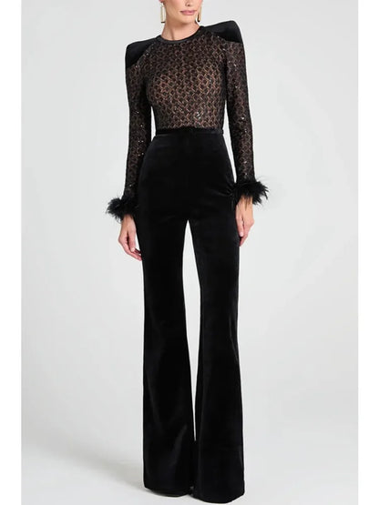 New Women's Fashion Long Sleeve Round Neck Gold Velvet Patchwork Sexy Jumpsuit Ladies Solid Color Slim Fit Jumpsuit For Women