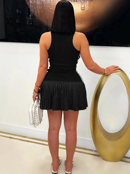 New Fashion O-neck Sleeveless Side Striped Ribbed Pleated Mini Dress for Women Sexy Slim Night Club Tank Summer Birthday Robe