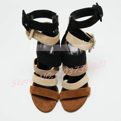 Cutout Gladiator Sandals Women Grey Suede Mixed Colors Zipper Buckle Open Toe High Heels Sandals Female Fashion Stiletto Wear