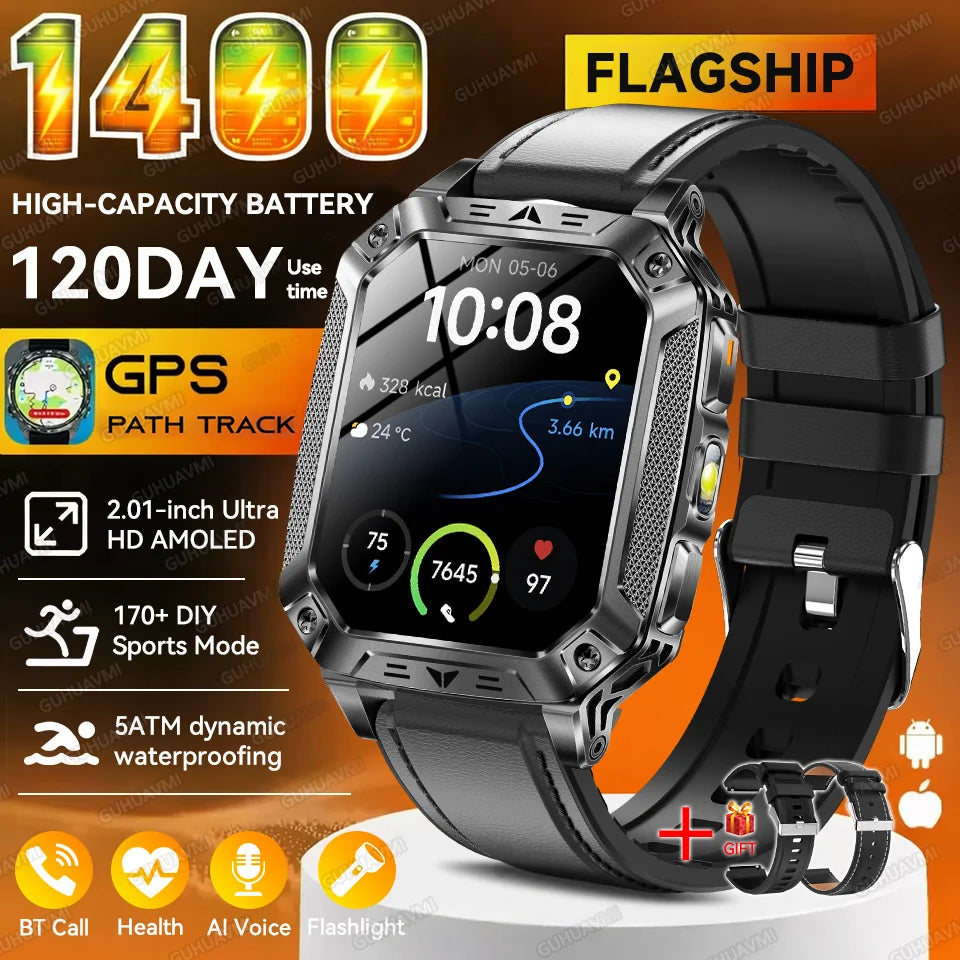2026 New Outdoor GPS Smart Watch 1400mAh High Capacity Battery 2.01" Sapphire Screen 10ATM Waterproof Dual-color Lamp Smartwatch