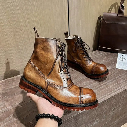 Fashion Cow Genuine Leather Motorcycle Boots Brogue Shoes Retro High Big Head Men's Mid-calf Chelsea Boots For Men Brown