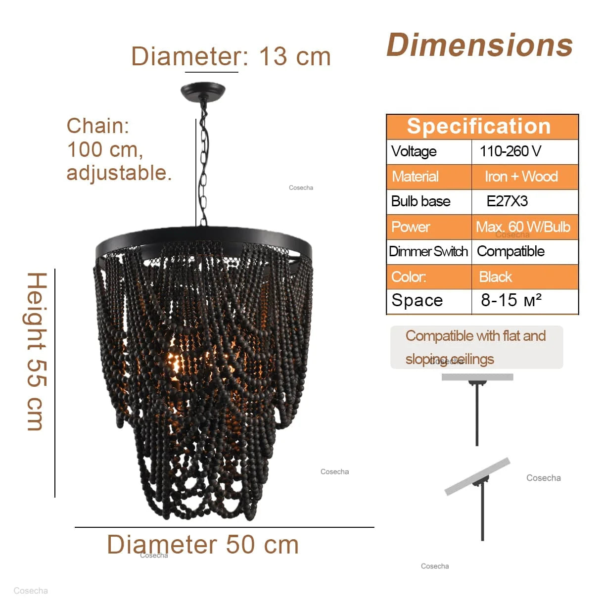 Black French Country Chandelier Large Hanging Lights Dia60 H65cm Living Room Boho Wood Bead Chandelier For Bedroom Dining Room