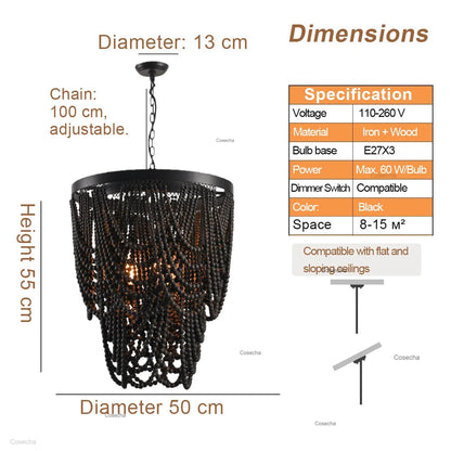 French Country white wood Bead Chandelier dining room bedroom princess Decorative chandelier 3/5 lights hanging light fixture