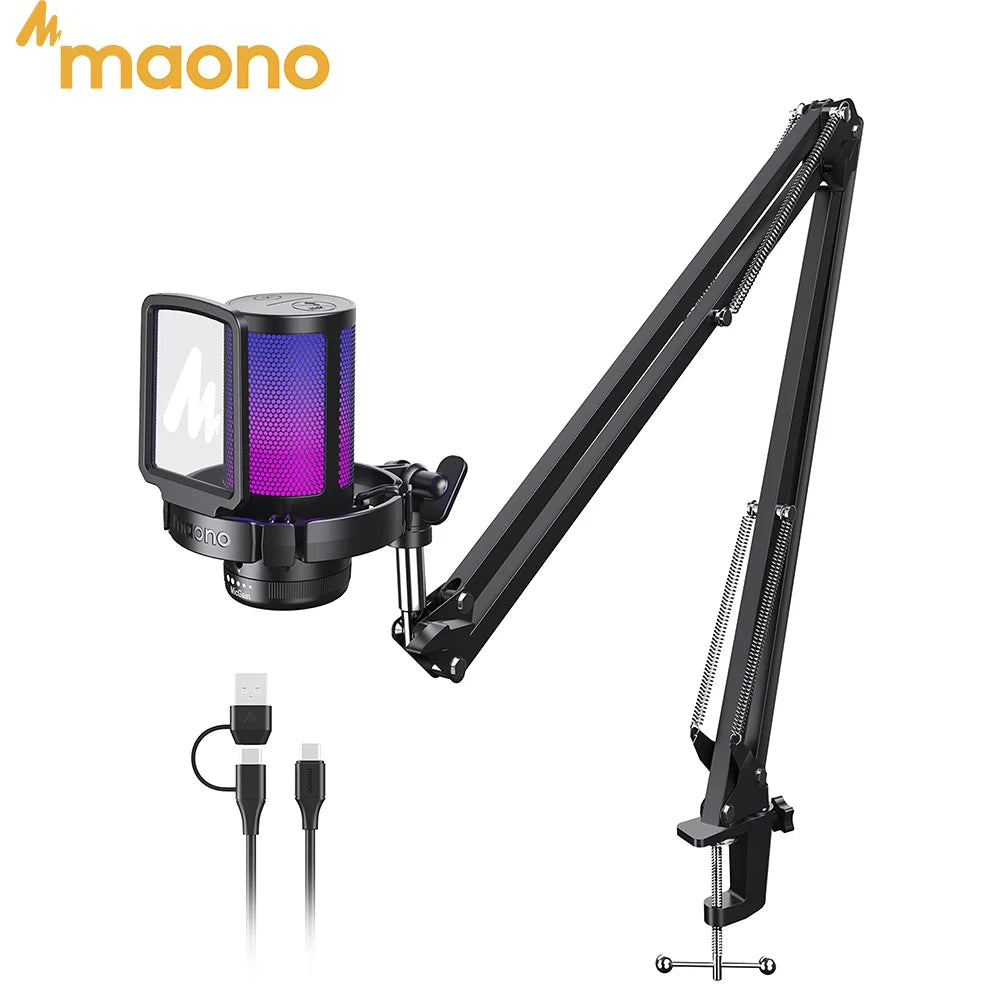 MAONO DGM20S Gaming USB Microphone Noise Cancellation RGB Lights Mute Zero Latency Monitoring for Living Streaming Podcasting
