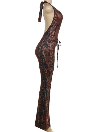 Sisterlinda Sexy Backless Jumpsuits Woman Leopard Print Bandage Halter Deep V-Neck Sleeveless Skinny Peach Hip Fashion Overalls