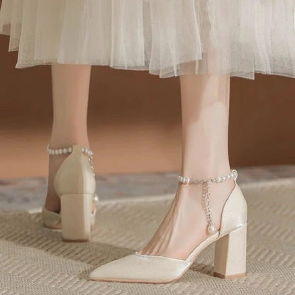 2025 New Elegant Pearl-Embellished Satin Heels - 5cm Chunky Low Heel Bridal Shoes with Adjustable Ankle Strap