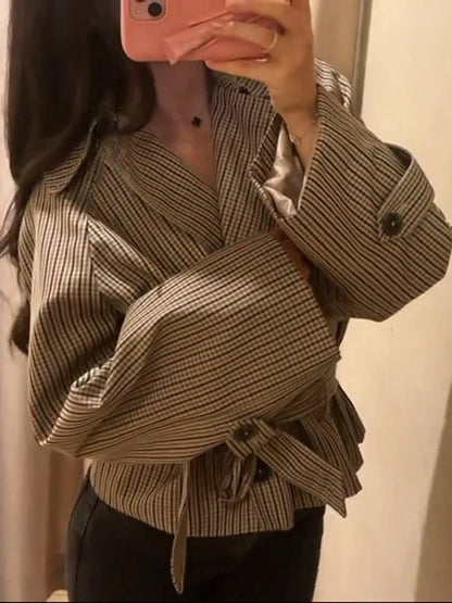 Long Sleeve Plaid Cropped Trench Coat Women Lapel Double Breasted Belted Waist Loose Checkered Short Jacket Lady Autumn Coats