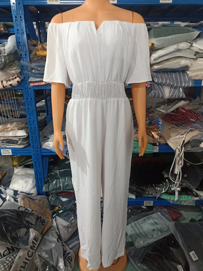 Jumpsuits for Women 2023 Spring Fashion Off Shoulder Casual Plain Short Sleeve Shirred Waist Daily Long Wide Leg Jumpsuit