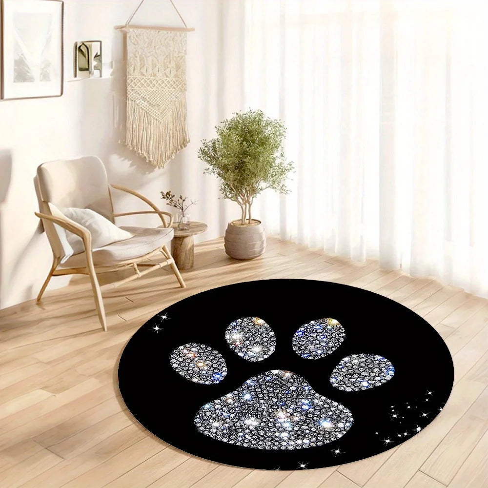 Cat Paw Print Carpet Black Round Mat With Sparkling Design Flannel Soft Floor Rug For Pet Lovers Home Decor Unique Style