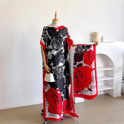 Ladies Scarf New Dubai Fashion Print Design Women Long Dress 2026 Summer Beach Party Loose Dress Silk Soft African Abaya MOOMOO
