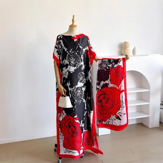 Ladies Scarf New Dubai Fashion Print Design Women Long Dress 2026 Summer Beach Party Loose Dress Silk Soft African Abaya MOOMOO
