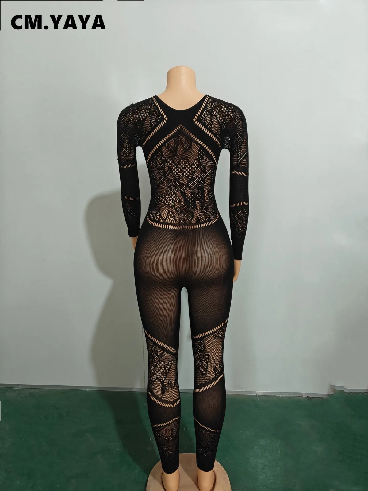 CM.YAYA Long Sleeve Sexy Mesh Lace Hollow Out Women’s Jumpsuits 2024 Fall O-Neck Night Club Party Pajamas  One Piece Outfits