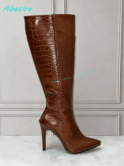 White Faux Fluffy Fur Knee High Boots Pointed Toe Stiletto Heels Side Zipper Women's Boots Spicy Girls Fashion Show Winter Shoes