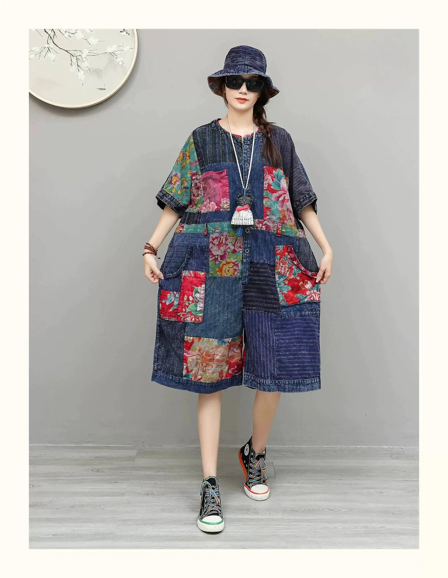 Unique Design Vintage-style Patchwork Large Floral Print Jumpsuit Women Summer Loose Casual Romper LX6155