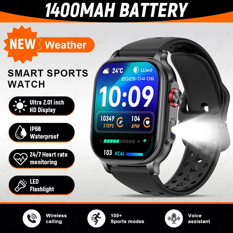 LIGE 2026 New Built-in 1400mAh Super Large Battery Women Men Smart Watch Outdoor 2.01" Screen IP68 Waterproof BT Call Smartwatch
