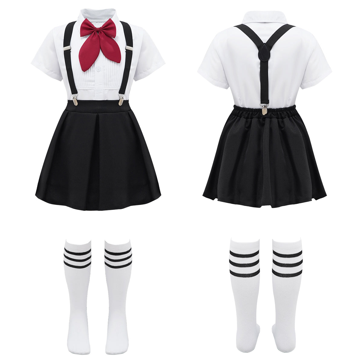 Children Girls Choir Outfits School Uniform Bow Tie Shirt with Suspender Skirt and Socks Schoolgirls Stage Performance Costume